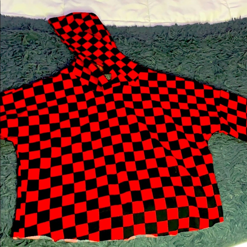 red/black checkered sweat shirt ,hoodie attached